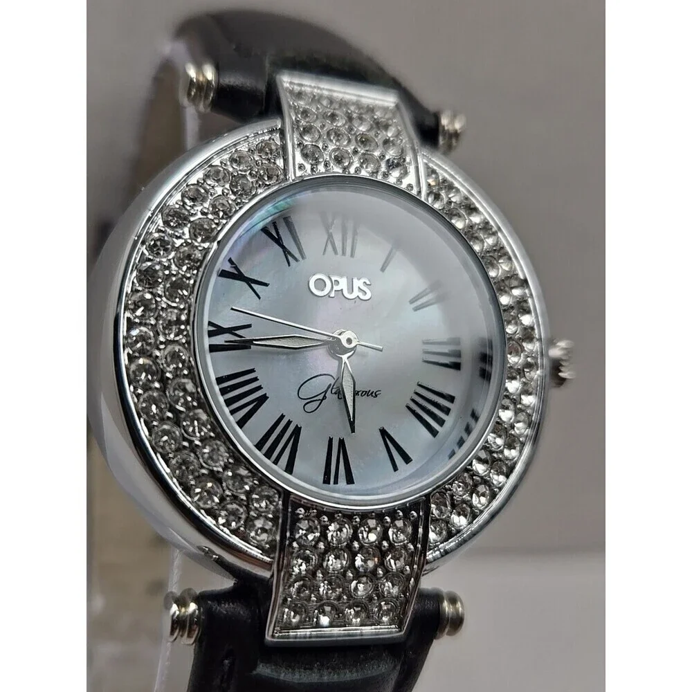 Opus Glamorous Womens Watch MOP 36mm Pave Crystal Black Leather New Battery